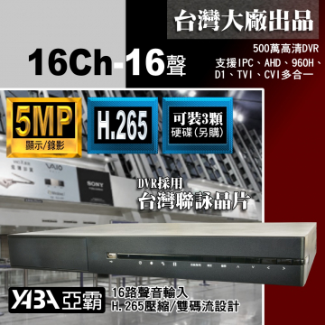監視器材5MP 16路16音H.265 AHD/TVI/CVI混合式錄放影機 500萬畫素監視器主機 (不含硬碟)