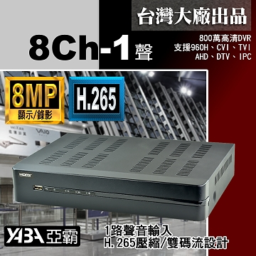 監視器材8MP 8路1音H.265AHD/TVI/CVI/IPC多合1DVR  800萬畫素 監視器主機 (不含硬碟)