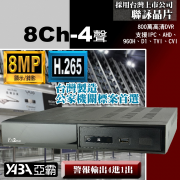 監視器材8MP 8路4音H.265 AHD/TVI/CVI混合式錄放影機 800萬畫素監視器主機 (不含硬碟)