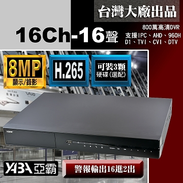 監視器材8MP 16路16音H.265 多合1網路型數位錄放影機 800萬畫素監視器DVR主機(HDVR-1616AH5N)