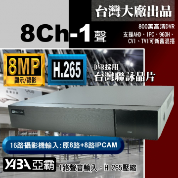 監視器材8MP 8路1音H.265 多合一網路型數位錄放影機 800萬畫素 監視器DVR主機 (不含硬碟)