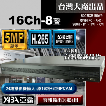 監視器材5MP 16路H.265 AHD/TVI/CVI混合式錄放影機 500萬畫素監視器主機 (不含硬碟)