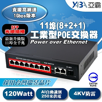 監視器材全千兆 PoE 網路交換機 11埠(8+2+1)  Switch 工業型乙太網路供電交換器 120W (AI自動識別最遠250米
