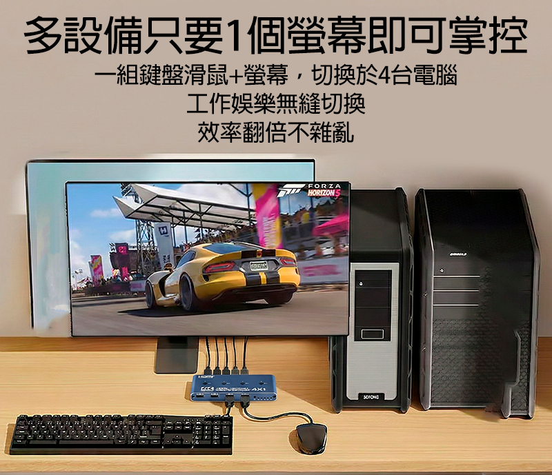 多設備只要1個螢幕即可掌控 一組鍵盤滑鼠+螢幕，切換於兩台電腦工作娛樂無縫切換 效率翻倍不雜亂